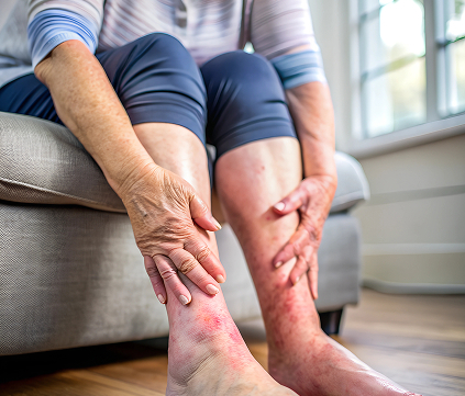 Mulher com dor e inchaço nas pernas, sintomas que podem indicar trombose venosa