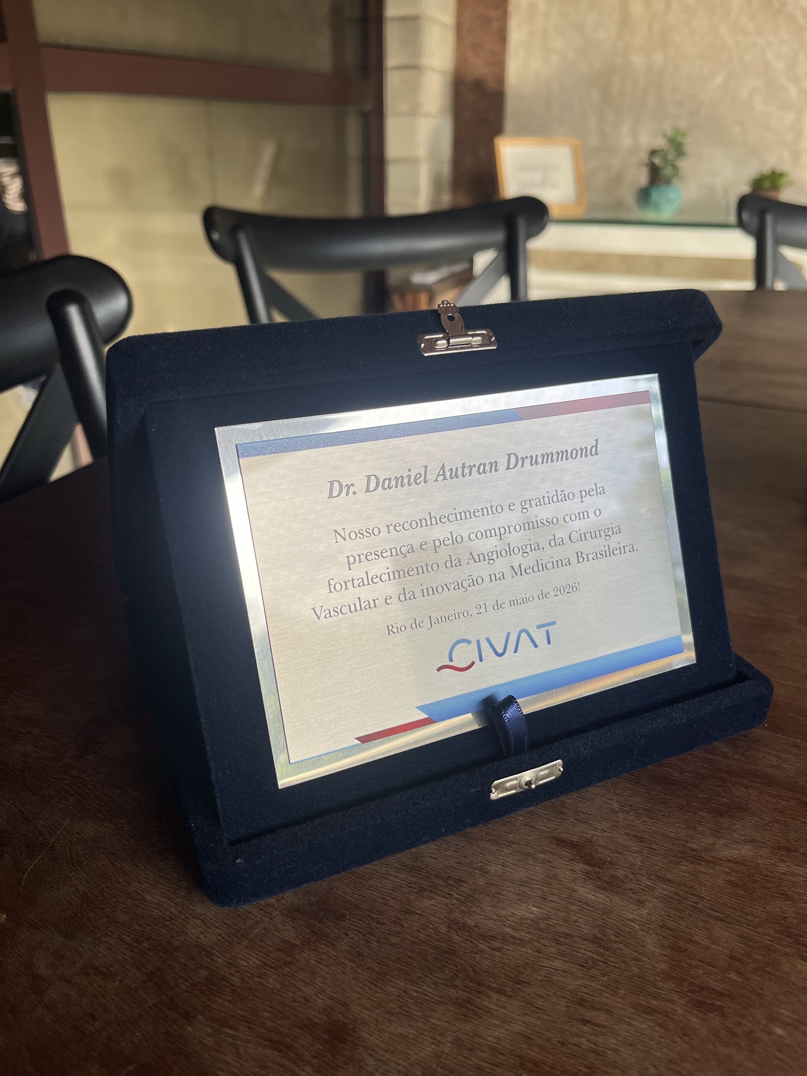 Placa de reconhecimento do CIVAT ao Dr. Daniel Autran Drummond, datada de 21 de maio de 2026